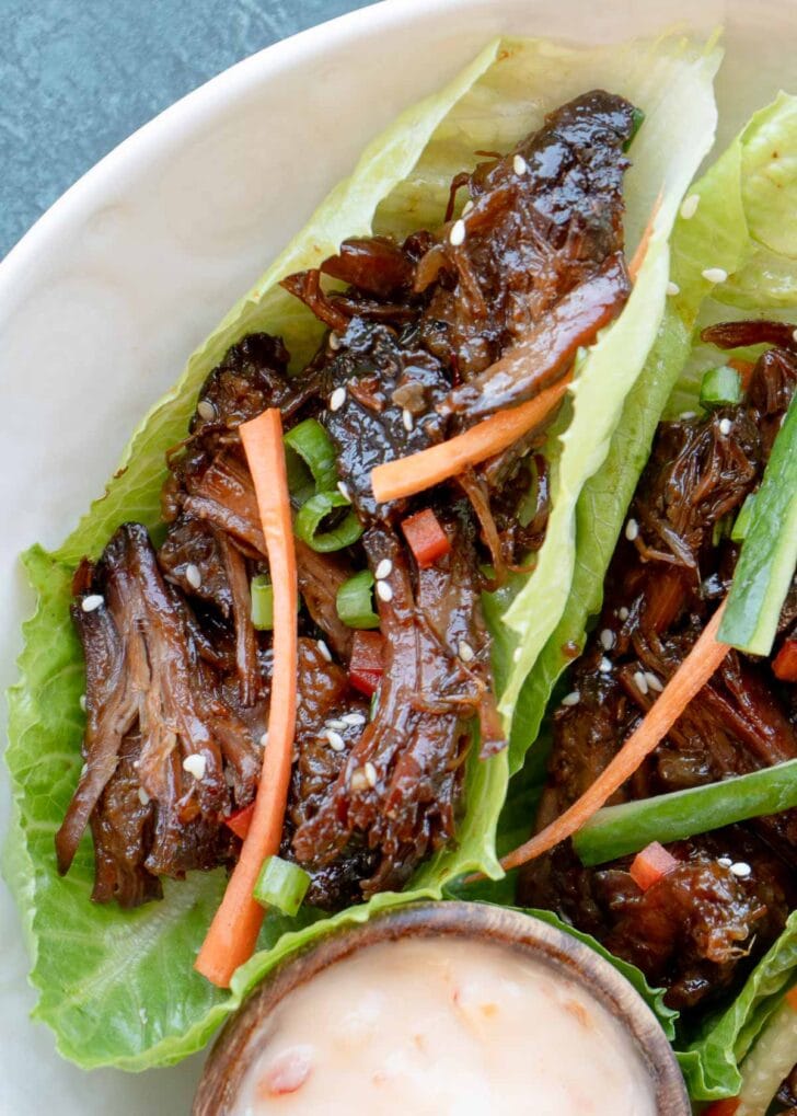 closeup photo of sweet and spicy beef lettuce wraps