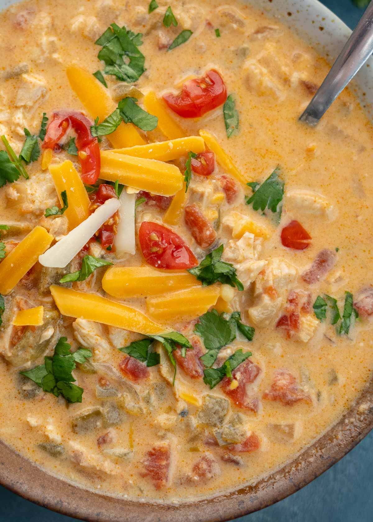 a closeup shot of cheesy chicken enchilada soup