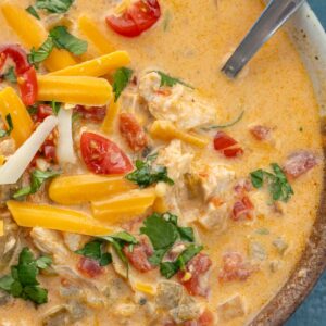 a closeup shot of cheesy chicken enchilada soup