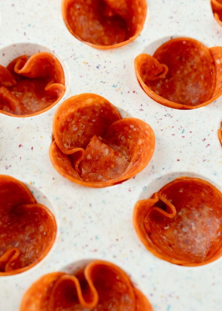 closeup view of the pepperoni cups for mini pizza snacks