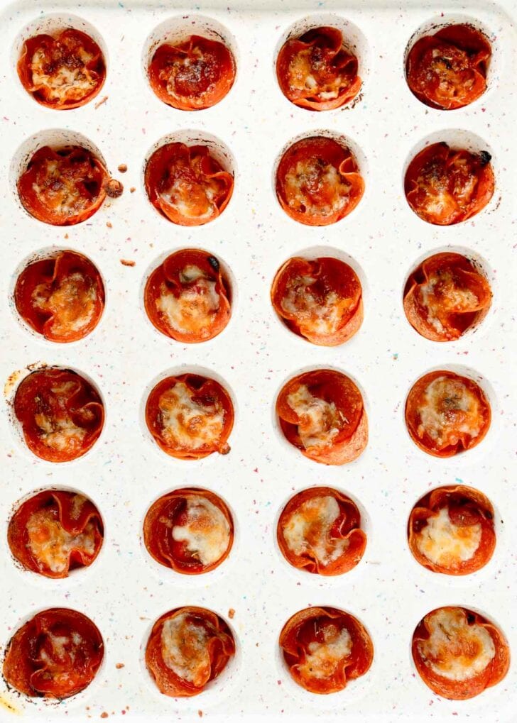 overhead shot showing 24 melty mini pizza snacks