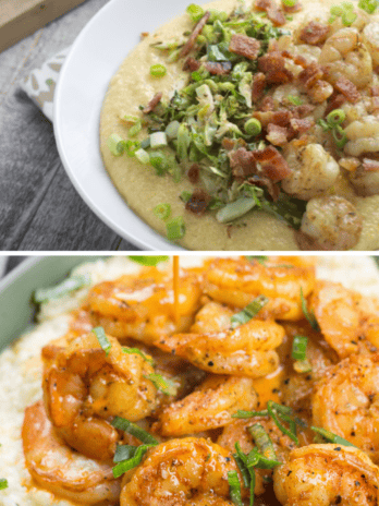 TOP: White bowl filled with creamy gouda grits, spicy shrimp, crunchy bacon, and sauteed crispy brussels sprouts. BOTTOM: keto cauliflower grits topped with juicy shrimp in a garlic butter sauce