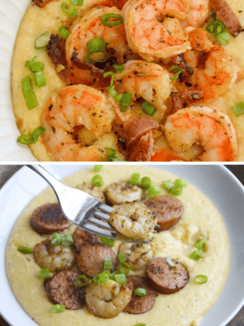 TOP: white bowl with creamy cheddar grits, juicy Old Bay shrimp, crunchy bacon, and fresh green onions. BOTTOM: white bowl with andouille sausage, Cajun shrimp, and cheddar grits sprinkled with green onions.