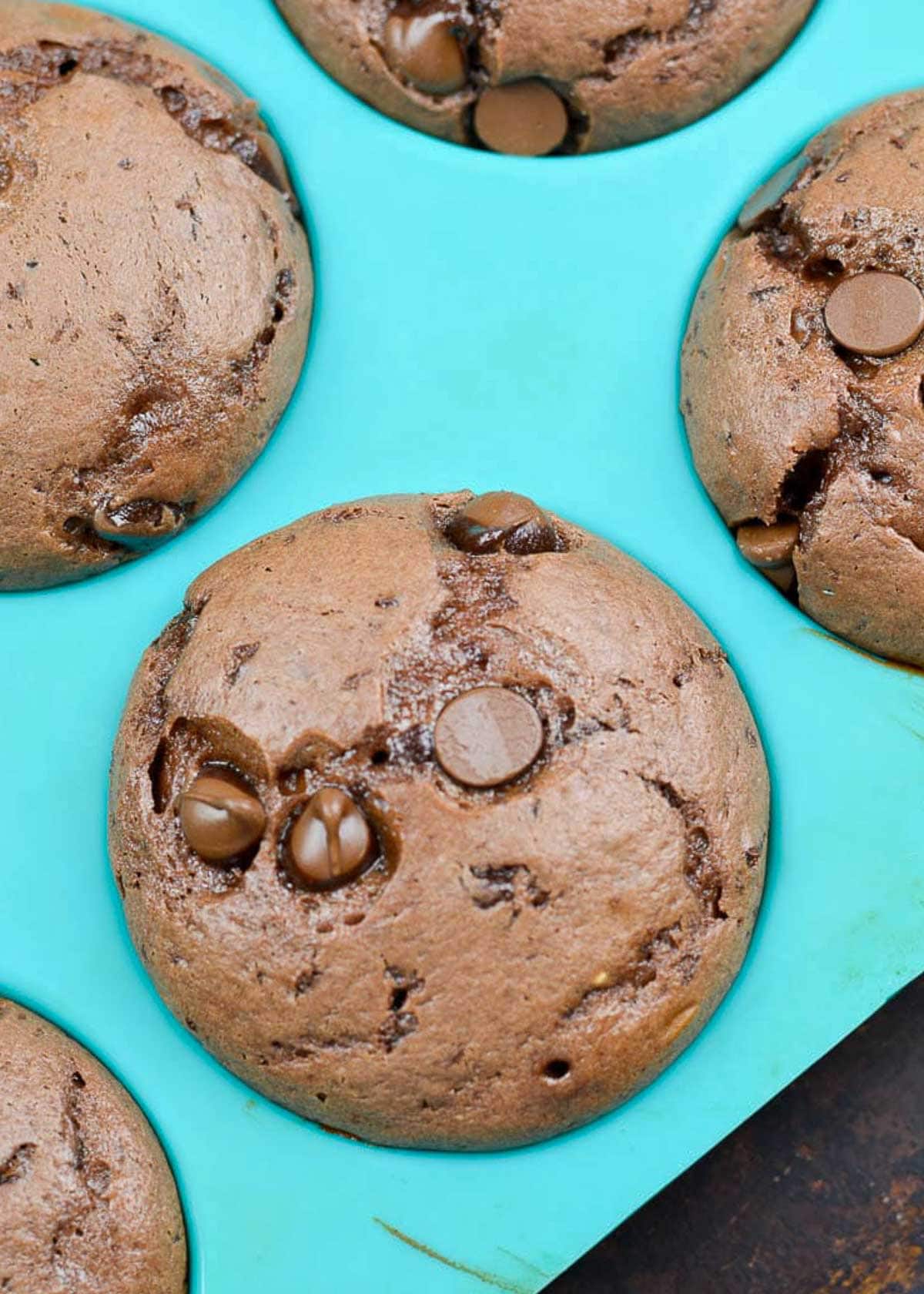 Perfectly rounded chocolate protein muffins baked in a silicone muffin pan